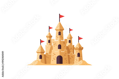 Sandcastle with red flags on white background