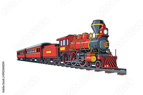 Red steam train with yellow accents on tracks locomotive