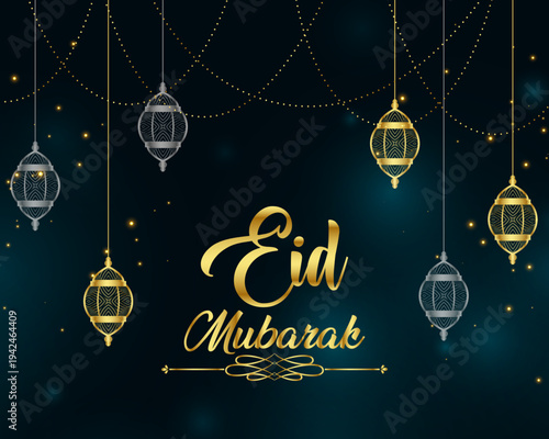 Golden shape abstract background with traditional luxury ornament | Modern Eid Mubarak celebration banner, greeting card, invitation card template with glowing light blue vector illustration