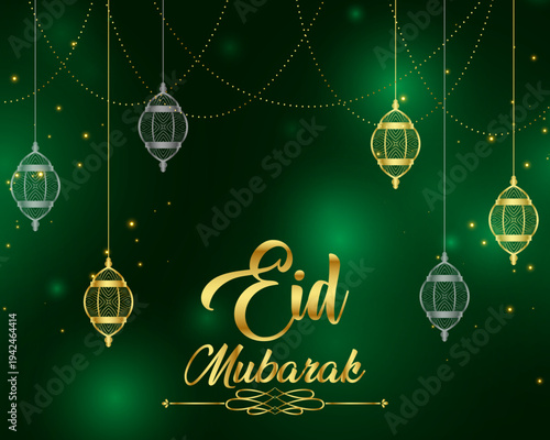 Golden shape abstract background with traditional luxury ornament | Modern Eid Mubarak celebration banner, greeting card, invitation card template with glowing light on green background
