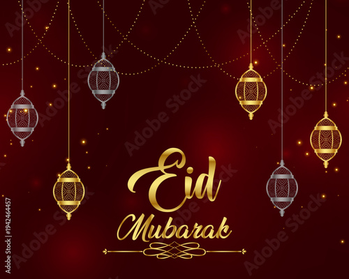 Golden shape abstract background with traditional luxury ornament | Modern Eid Mubarak celebration banner, greeting card, invitation card template with glowing light