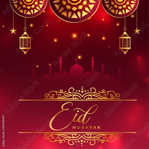 Abstract Islamic background for cover, flyer, banner. card, islamic culture futuristic vector illustration with glowing light, stars, moon and mosque with ornament pattern mandala design | Eid Mubarak