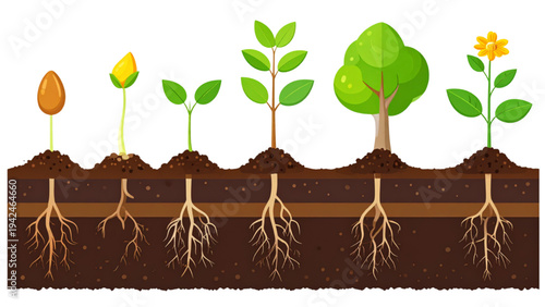 Plant Growth Stages Vector Illustration – From Seed to Flowering Sprout
