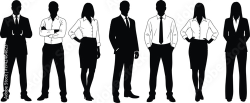 Professional business team standing in a row, diverse corporate group of managers and office workers, corporate leadership, professional flat vector illustration, cad drawing.