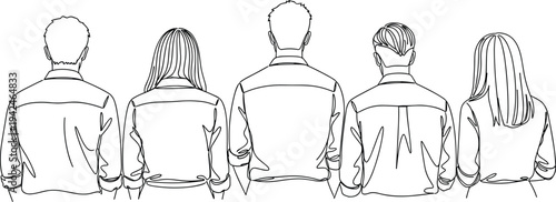 Line art illustration of a group of five people standing in a row from behind, isolated on white background, cad drawing flat vector illustration.