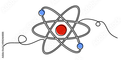 Editable continuous one line drawing atom vector for modern tech apps. Ideal for symbolizing minimalist science, clean physics, and smart energy.