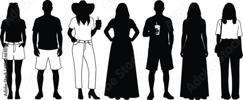 Diverse group of casual people standing in a row, men and women in various outfits, social gathering concept, cad drawing, flat vector illustration.