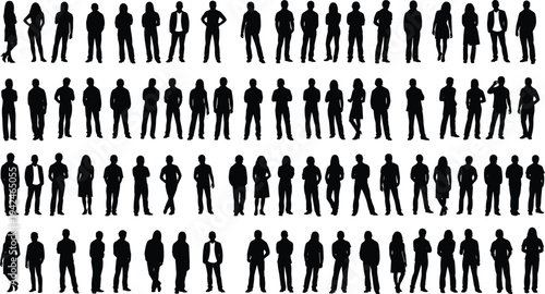 Collection of diverse human silhouettes standing in rows, detailed technical vector illustration, isolated on white background, black design, cad drawing flat vector illustration.