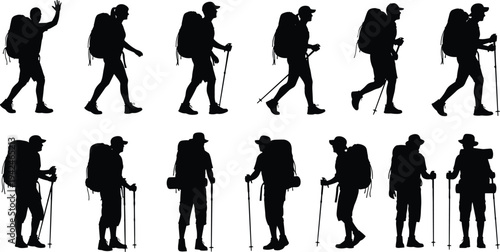 Collection of hiker silhouettes with backpacks and trekking poles, set of people hiking in nature, adventure travel concept, cad drawing, flat vector illustration.