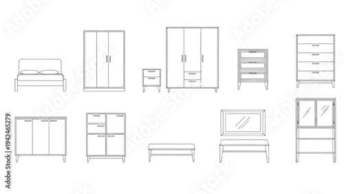 Bedroom Furniture Elevation Symbols Set, Bed Wardrobe Cabinet CAD Line Drawing Collection Vector