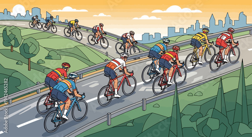 Cyclists racing on winding road with city skyline at sunset