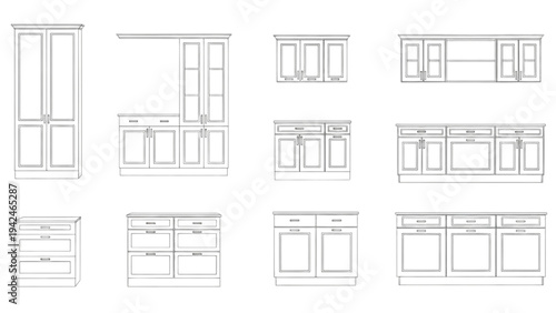 Various kitchen cabinet designs and layouts illustrated in a technical drawing from multiple viewpoints