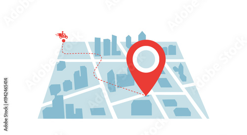 Delivery vehicle tracking route on city map with location pin.