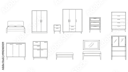 Furniture collection featuring beds, wardrobes, and dressers in a minimalist line art style