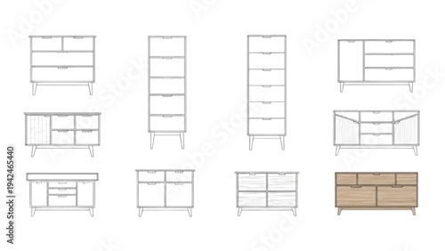 Collection of various furniture designs and cabinet illustrations from different viewpoints