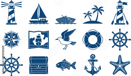 Set of 16 nautical icons vector, blue
