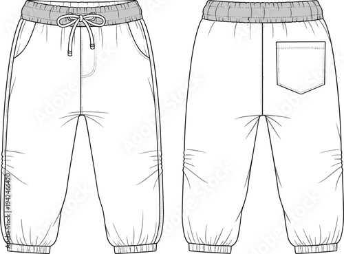 Technical flat sketch of baby jogger pants with elastic waistband and drawstring detail, front and back view vector illustration for infant fashion design.
