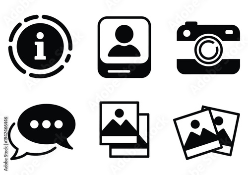 Flash, light, chat, info, and photo icons including hipster camera, photo booth strips, human portrait frame, and classic speech bubble symbols, clean modern flat vector