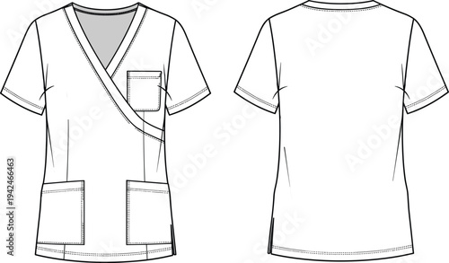 Technical flat sketch of women's v-neck medical scrub top with wrap design and multiple pockets, front and back view vector fashion illustration.