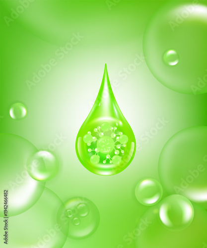 Hyaluronic acid and Niacinamide skin solutions ad, green collagen serum drops with cosmetic advertising background ready to use, illustration vector.	