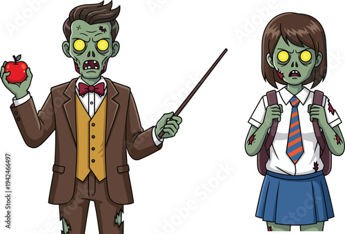 Cartoon illustration of spooky zombie teacher holding an apple and a pointer next to a zombie schoolgirl with backpack isolated on white background.