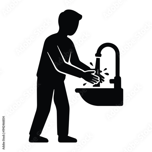 A man washing hands under a faucet Icon Silhouette vector black design on a white background