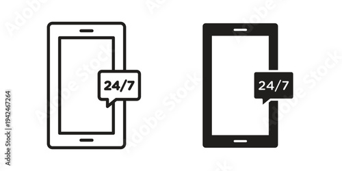 24 7 support icon clipart symbol isolated on white background. Flat and stroke designs.