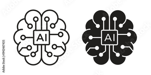 ai brain network icon clipart symbol isolated on white background. Flat and stroke designs.