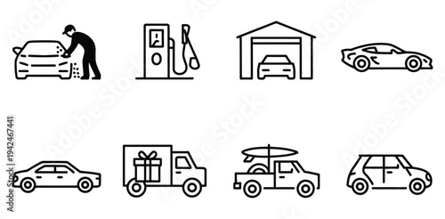 Set of black and white line icons representing various car services and transportation. Automotive maintenance, driving, delivery, car repair, ride-hailing