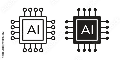 AI processor chip icon clipart symbol isolated on white background. Flat and stroke designs.