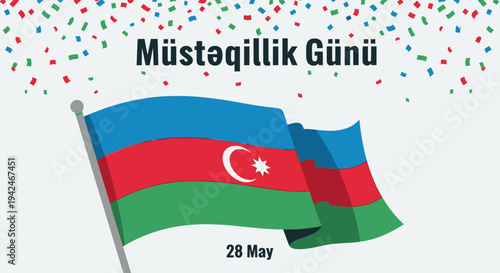 Azerbaijan Flag Waving with Confetti Celebration.