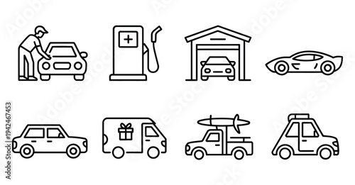 Set of black and white line icons representing various car services and transportation. Driving, delivery, vehicle maintenance, automotive repair