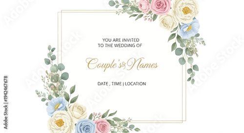 Floral Wedding Invitation with Flowers and Foliage.