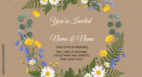 Floral Wreath Wedding Invitation Card Design.