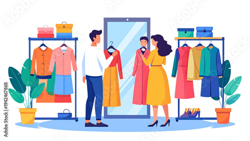 Fashion Fitting Room Illustration – Man and Woman Choosing Clothes