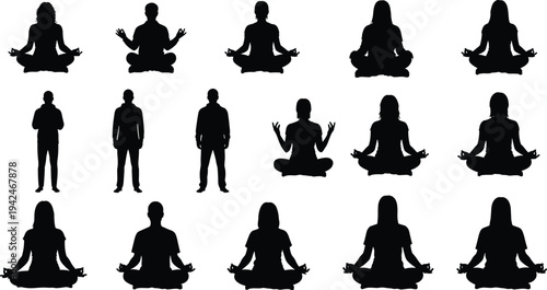 Yoga meditation silhouettes set people sitting lotus pose mindfulness relaxation spiritual practice isolated black vector illustration collection