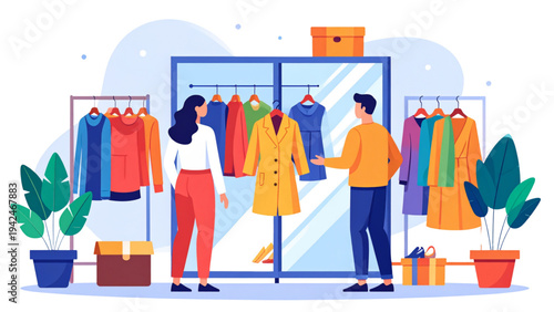 Fashion Fitting Room Illustration – Man and Woman Choosing Clothes