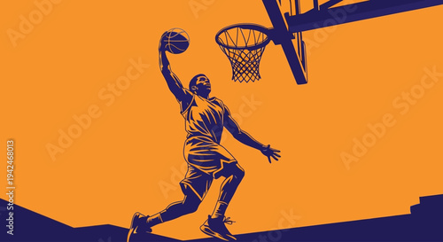 Dynamic male basketball player slamming ball into hoop