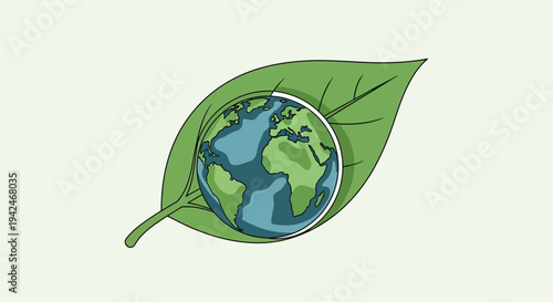Earth globe resting on a green leaf illustration