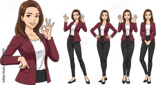 businesswoman character poses set, professional female employee showing ok gesture collection, confident office woman standing gestures isolated vector illustration