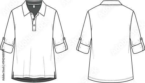 Casual Men's Long Sleeve Polo Shirt Technical Fashion Illustration Featuring Front and Back Views With Rolled Sleeves Three Button Placket And Curved Hem Template