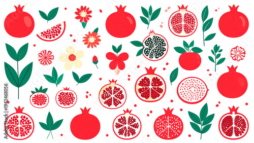 Pomegranate Fruit and Blossoms – Flat Vector Collection