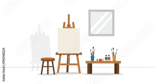 Empty art studio with easel, paints, brushes and blank canvas