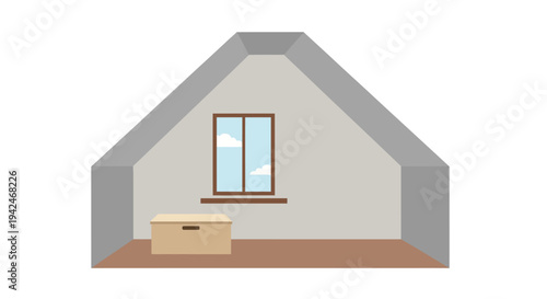 Empty attic room interior with window and storage chest