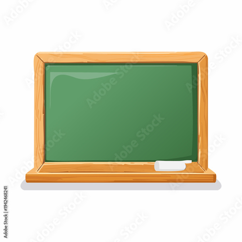 Empty green classroom chalkboard with wooden frame and chalk