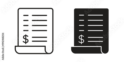 Bill icon clipart symbol isolated on white background. Flat and stroke designs.