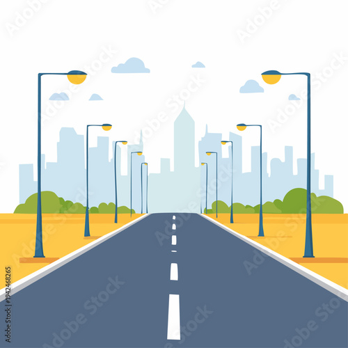 Empty road leading to city skyline with streetlights
