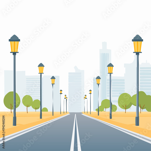 Empty road with streetlights leading to modern city skyline