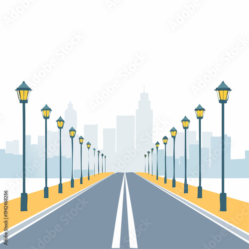 Empty road with streetlights leading to modern city skyline