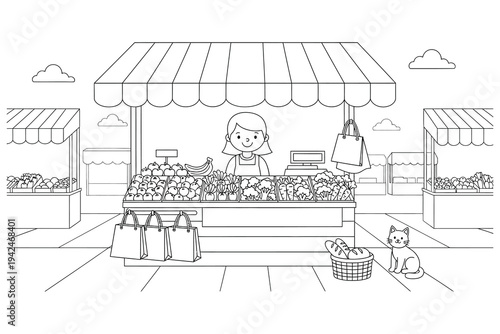 Farmers Market Vendor Coloring Page – Cute Fruit and Vegetable Stall Printable Line Art